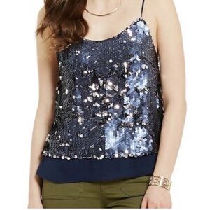 CHELSEA&VIOLET Navy Blue Silver Scoop Neck Flip Mermaid Sequin Tank Top Size M